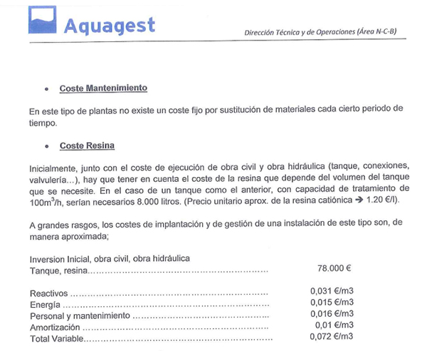 En un informe de agosto de 2011 la propia empresa propone una solución asequible, el tratamiento mediante el intercambio iónico que rectifica el nivel de cal y valorada en unos 78.000,00 € cantidad aproximada a la que invirtieron en las “famosas” maquetas navales